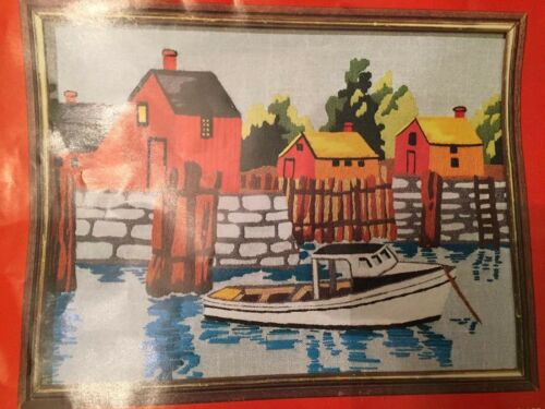Docking Time Vintage Boat on River Crewel Embroidery Kit Unworked 12x16
