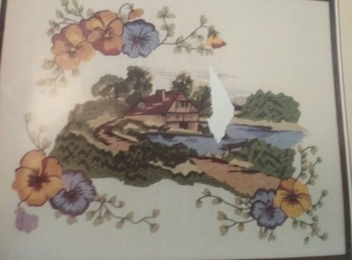 NIP Vtg Crewel Embroidery Kit Country Pansies 20x16 American Handicrafts Floral