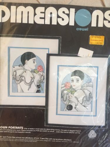 NIP Dimensions Crewel Kit French Clown Portraits Vintage 1985 8x10 Finished