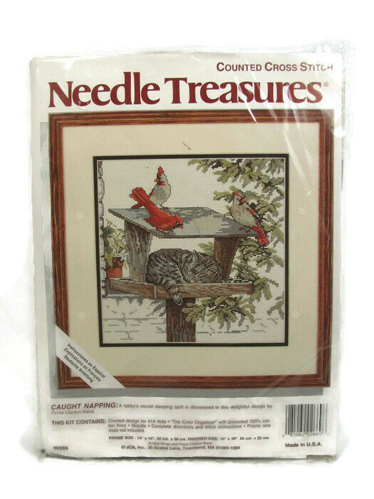Needle Treasures Caught Napping Tabby Cat & Cardinal Birds Counted Cross Stitch