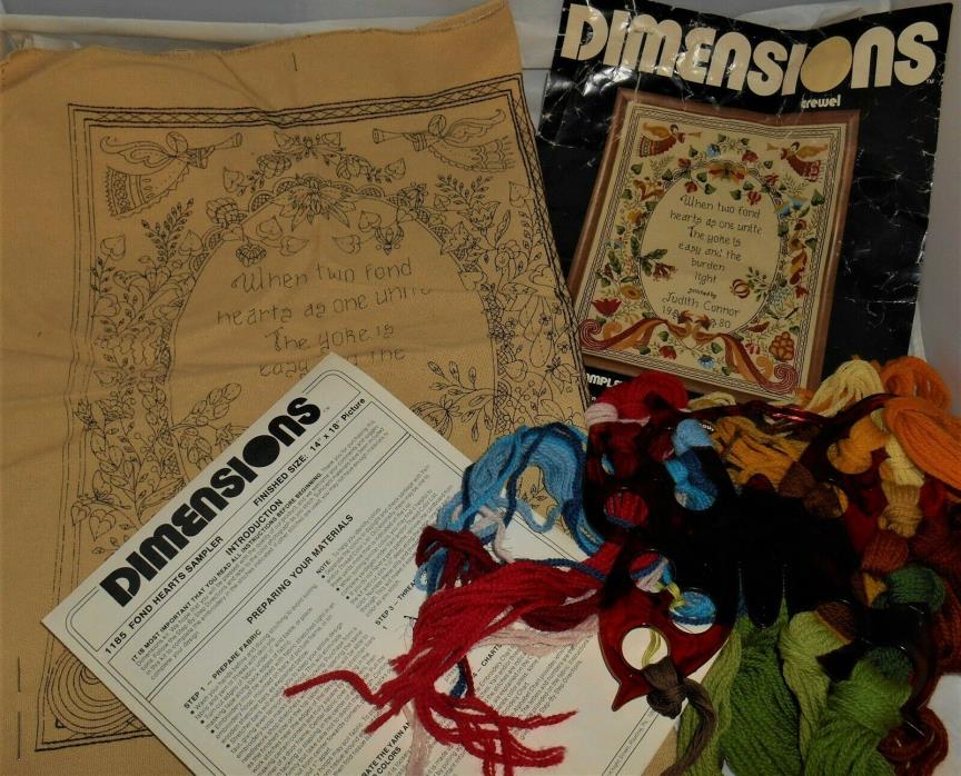 Vintage 1980 Dimensions FOND HEARTS SAMPLER Crewel Kit #1185 by Meryl Griffiths