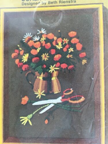 Vintage Sunlit Flowers Crewel Embroidery Kit Sealed 5 x 7 Copper Pitcher Scissor