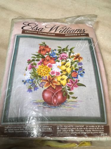 Vintage Elsa Williams Flowers Vase Crewel Embroidery Kit