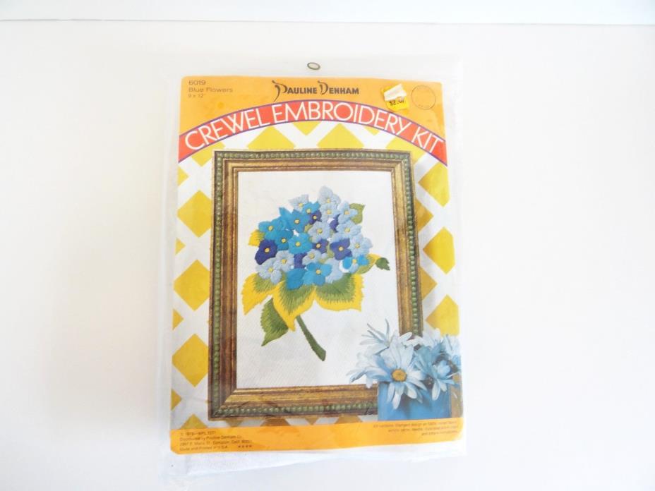 Crewel Embroidery Kit Pauline Denham Blue Flowers 1973 USA