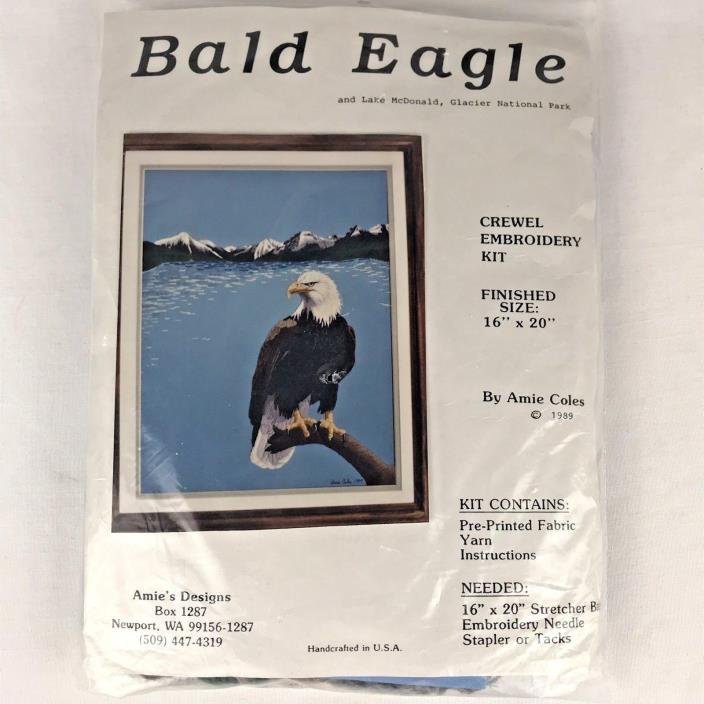 Vintage 1989 Bald Eagle Crewel Embroidery Kit Lake McDonald Glacier NP 16”x20”