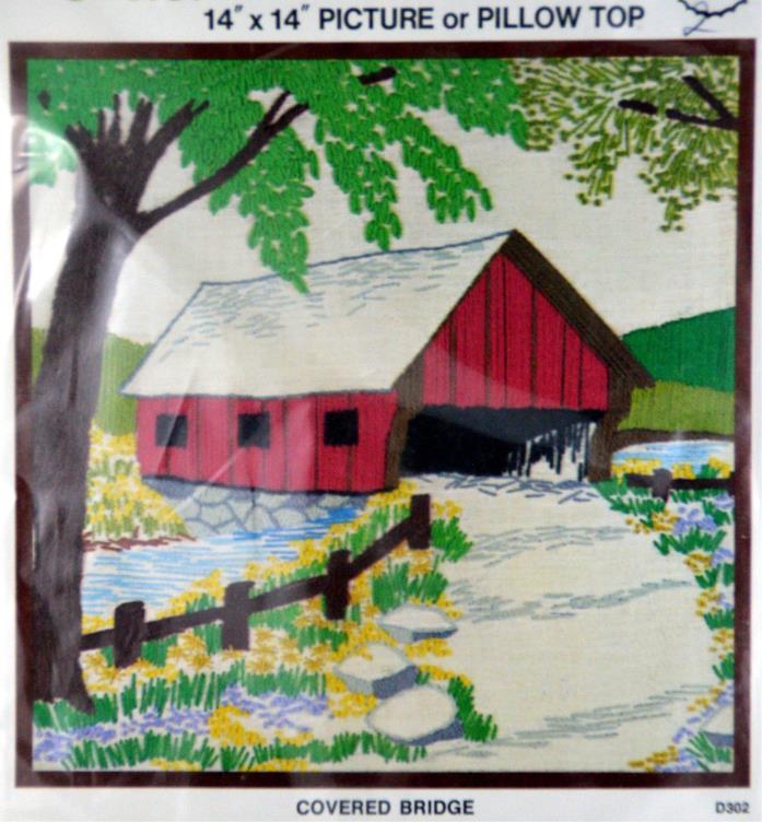 Crewel Needlecraft Kit D302 Family Circle Covered Bridge Picture or Pillow Top V