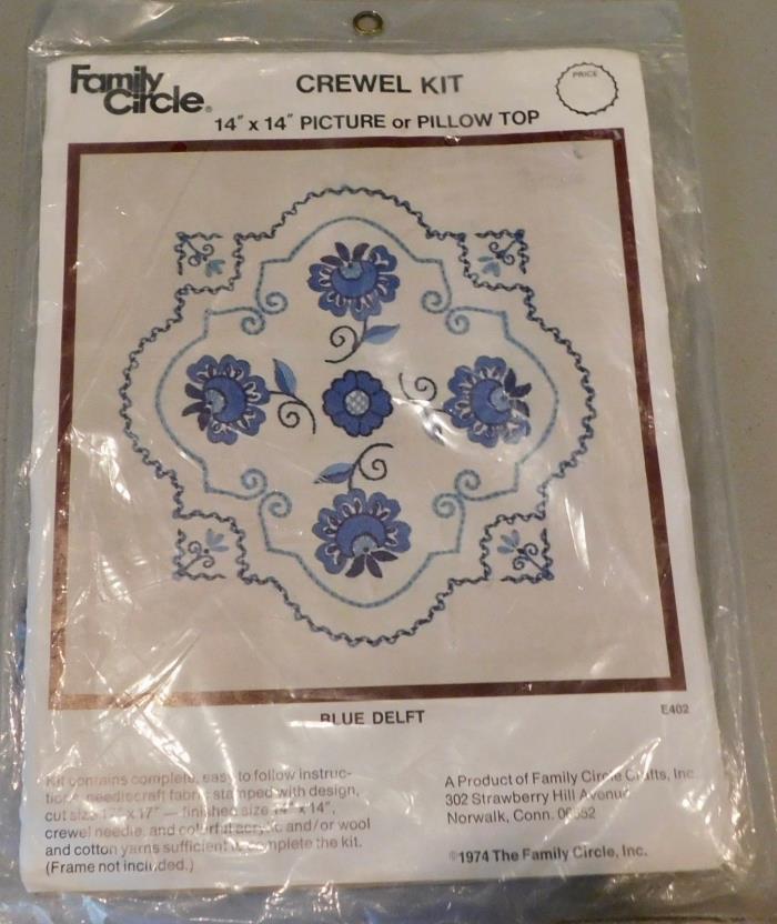 NEW Sealed 1974 Family Circle Crewel Embroidery Kit No. E402 Blue Delft
