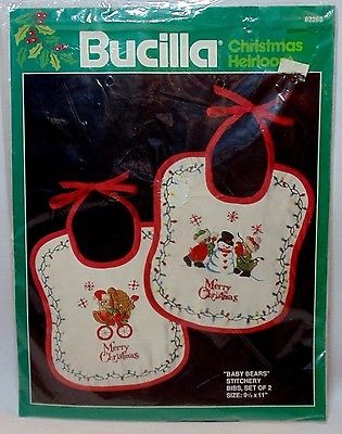 Bucilla 2 CHRISTMAS BABY BIBS Baby Bears Stitchery Kit  #82263 Red Binding Easy