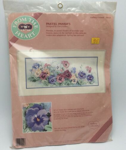 Dimensions From The Heart Crewel Kit PASTEL PANSIES #51049 Vtg 1990 22x9 USA