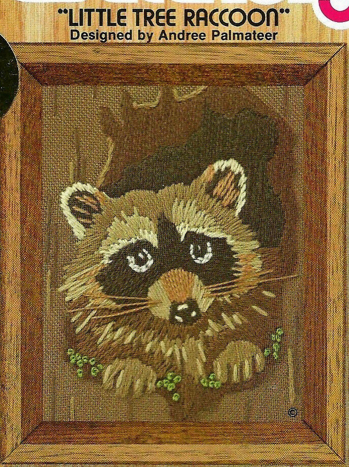 VINTAGE LITTLE TREE RACCOON CREWEL NEEDLEWORK KIT SUNSET DESIGNS 4