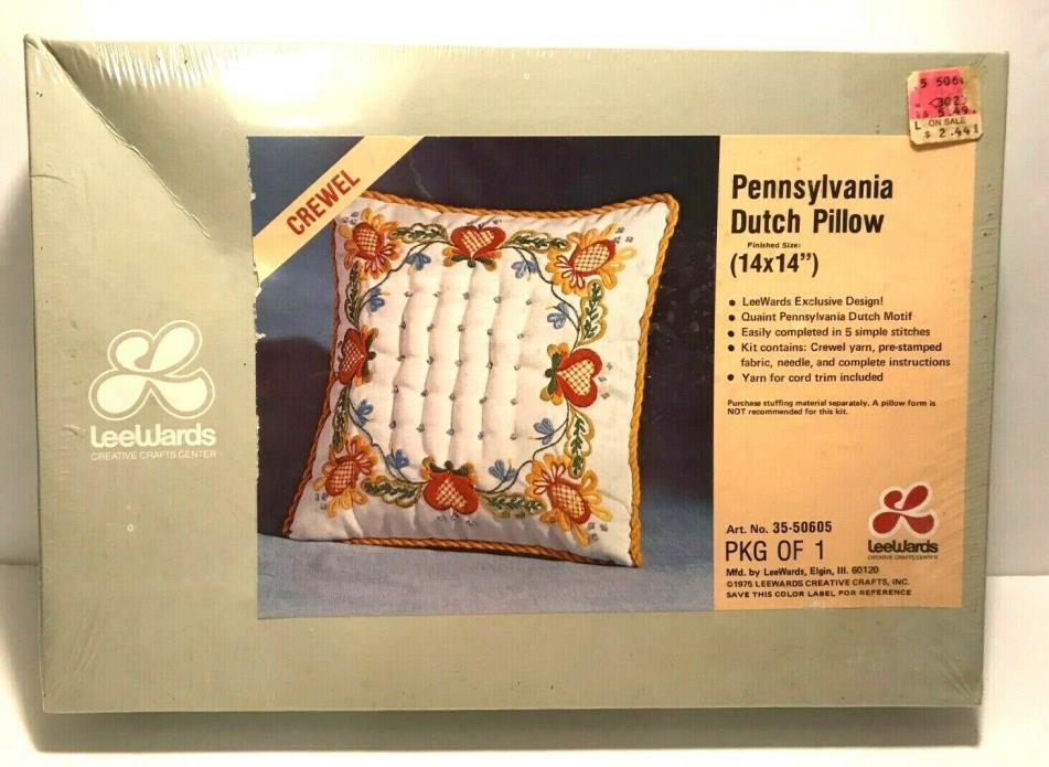 NOS VINTAGE 1975 SEALED LEEWARDS PENNSYLVANIA DUTCH CREWEL EMBROIDERY PILLOW KIT