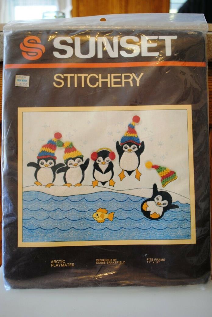 Vtg Embroidery Kit Sunset 1973 ARCTIC PLAYMATES 2560 Penguins Unopened