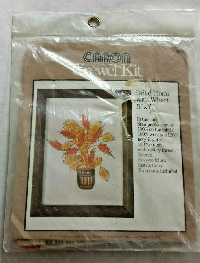 Vintage CARON Crewel Embroidery Kit ~ Dried Floral & Wheat WOOL YARN~ Circa 1976