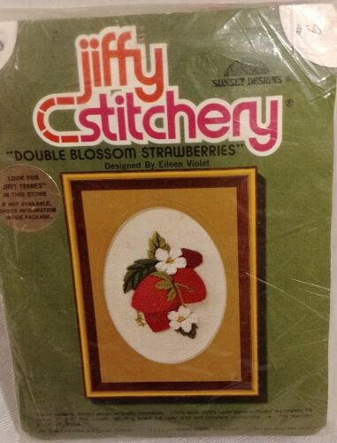 Vtg Jiffy Stitchery 349 Double Blossom Strawberries Crewel Kit 5” x 7” Spring