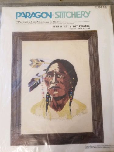 Vtg Crewel Embroidery Portrait of an American Indian Paragon Stitchery  0111