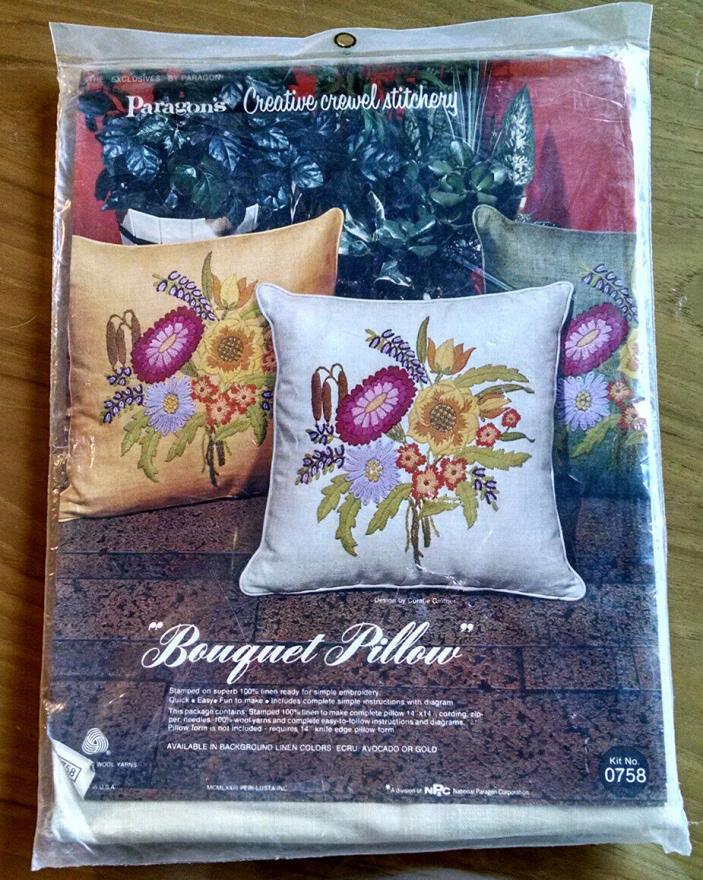 RARE Unopened Paragon Needlecraft Crewel Kit #0758 - Bouquet Pillow