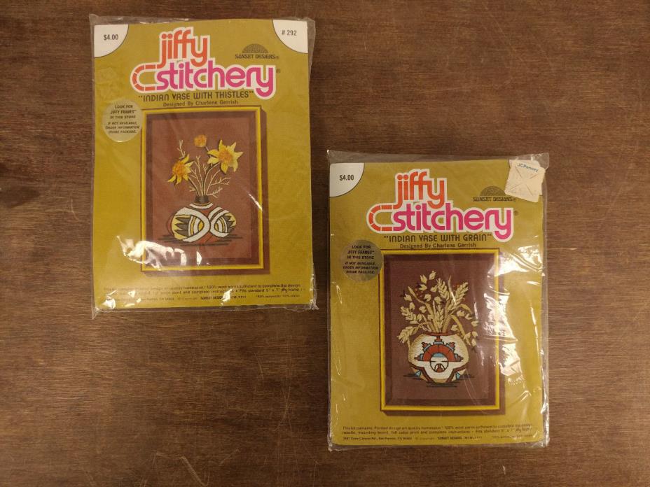 2 Sunset Designs Jiffy Stitchery Crewel Kit Indian Vase Thistles Grain Vtg 70s