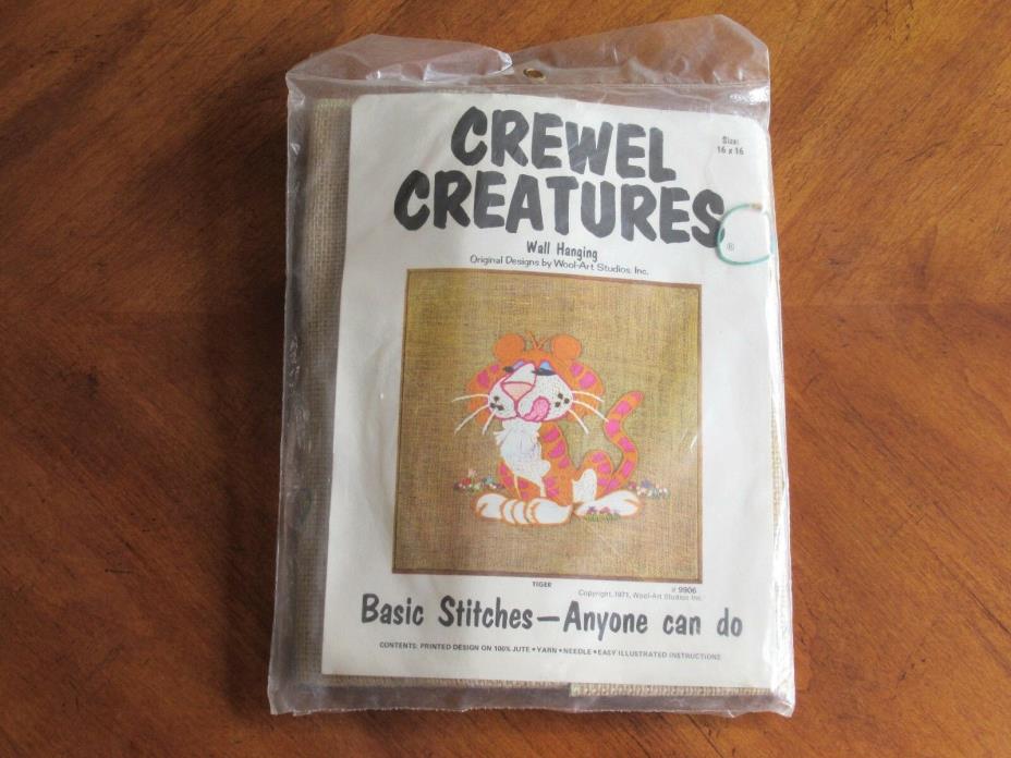 Vintage 1971 Crewel Creatures TIGER Wall Hanging Kit Wool-Art Studios 16x16 Jute