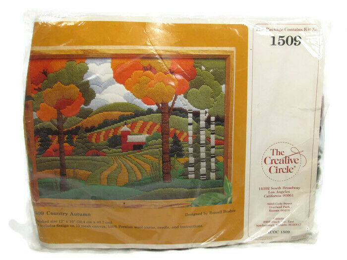 Creative Circle 1509 Country Autumn Crewel Embroidery Kit Hills Trees Farm NEW