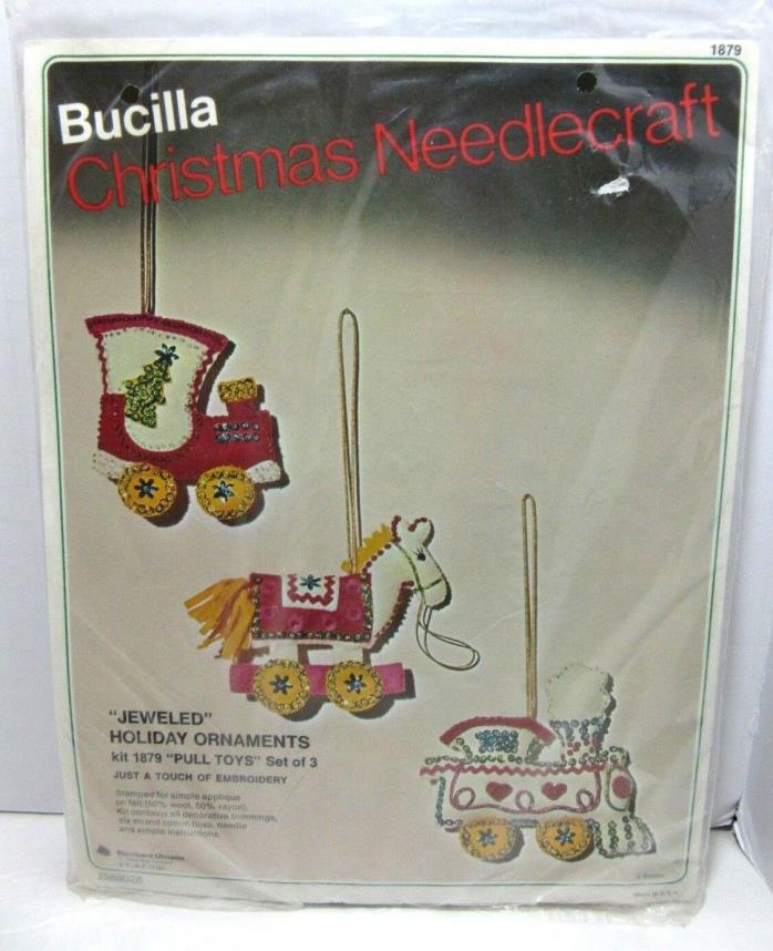 OOP Bucilla 3 Jeweled Holiday Ornaments Pull Toys Kit 1879 Train Felt Applique