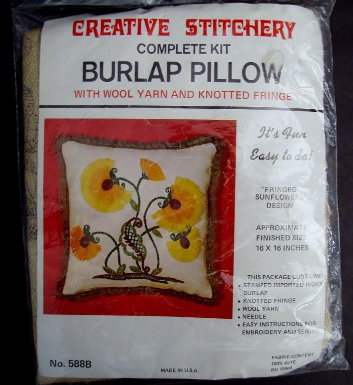 Vintage Creative Stitchery Sunflowers Crewel Embroidery Burlap Pillow Craft Kit