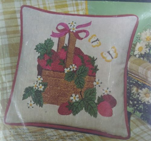 Avon Creative Needlecraft Basket Of Strawberries Pillow Crewel Embroidery Kit