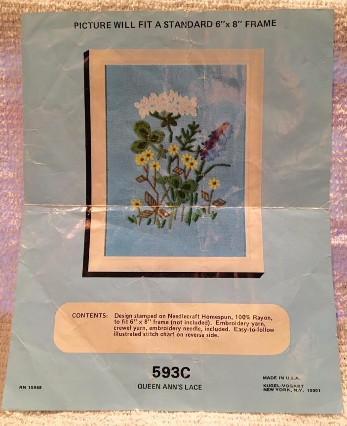 Vintage Kugel-Vogart Crewel Embroidery #593C Queen Ann's Lace 1973 Not Complete