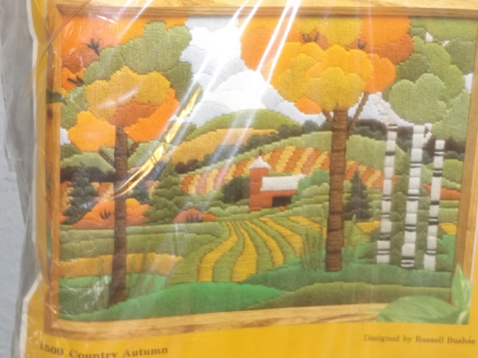 Vintage COUNTRY AUTUMN Trees Fields RED BARN Crewel Needlepoint Embroidery Kit