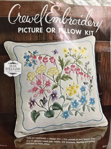 Elsa Williams Crewel Embroidery Kit Summer Blooms Belgian Linen Pillow Vintage