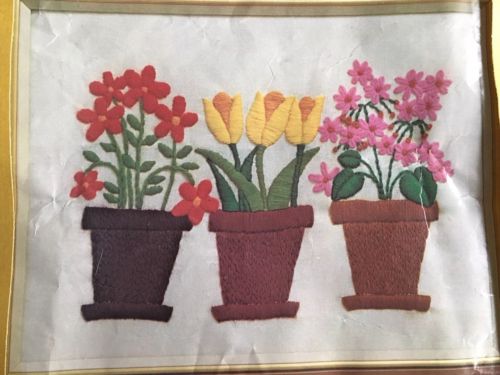 Three Potted Flowers Vintage Crewel Embroidery Kit Unworked 12x16 Cheerful!