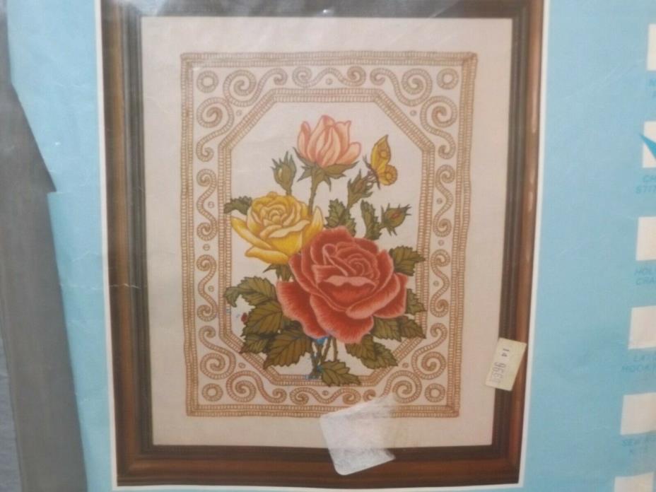 RARE Vintage PINK RED YELLOW ROSES Crewel Embroidery Kit ADELE VERES Pure WOOL