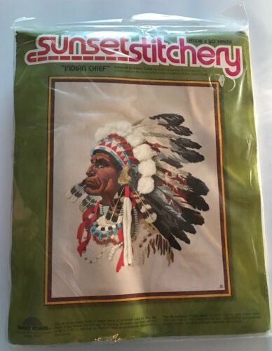 Vintage SUNSET STITCHERY Indian Chief Crewel Embroidery Kit NIP 1977 L1