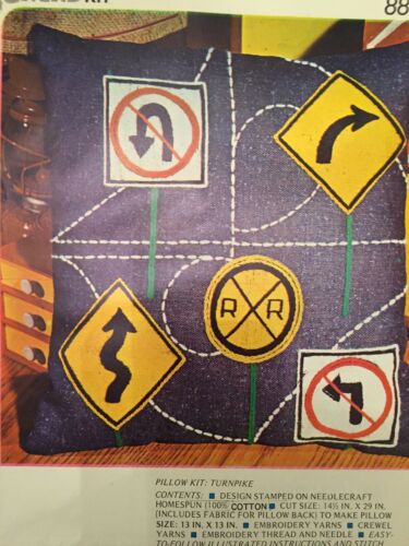 Vintage Turnpike Pillow Kit Crewel Embroidery Kit Unworked Traffic Signs 13x13