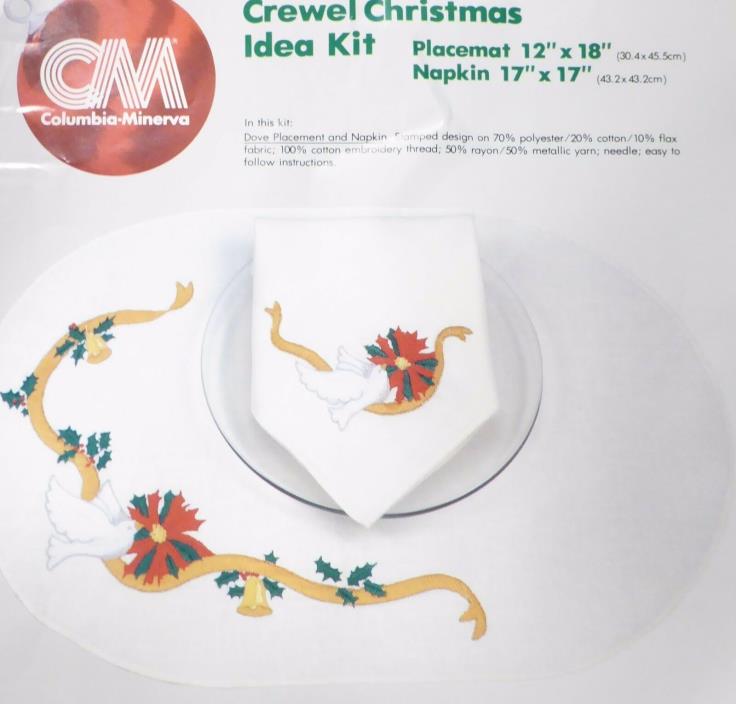 Vtg Christmas DOVE Crewel Embroidery Placemat Napkin Kit Bell Holly Poinsettia