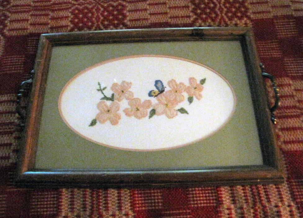 Serving Display Vanity Tray Counted Cross Stitch w/ Pink Bouquet Flowers - Wood