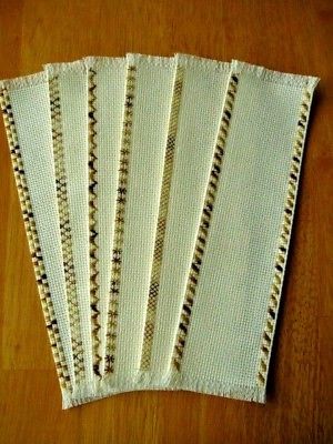 6 Cross Stitch Blank Variegated Decorative Edge Bookmarks Off White Fabric 14 C