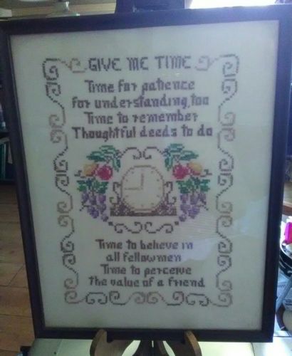 Vintage Cross Stitch Sampler GIVE ME TIME Linen Framed Excellent Condition