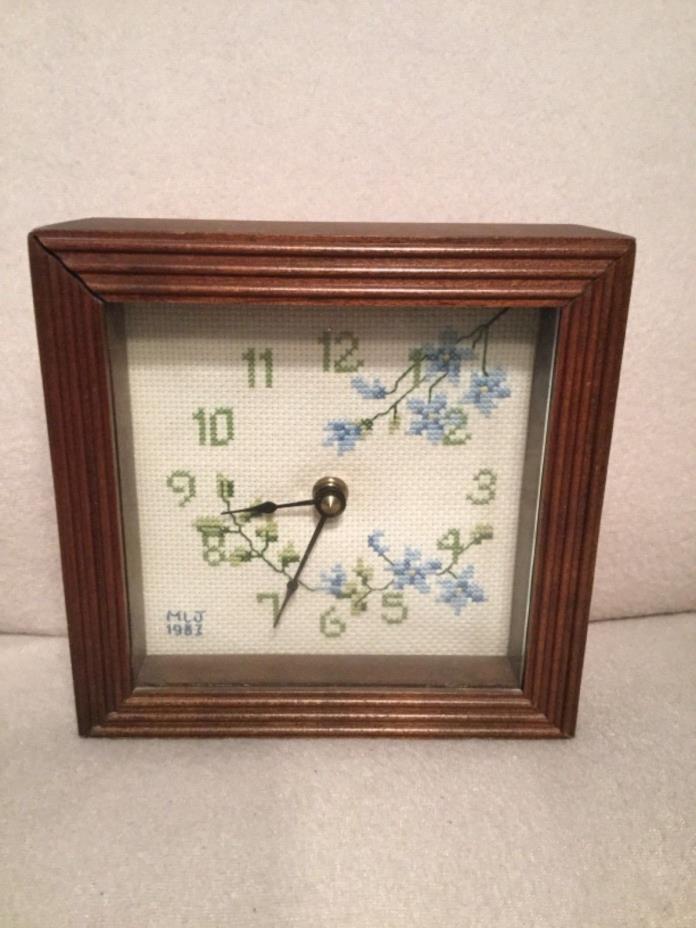 Sudberry House Wood Finish Square Wall Clock Embroidered Blue Floral Vintage