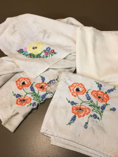 3 VINTAGE EMBROIDERED TEA TOWELS STAINED TORN RECYCLE ARTS CRAFTS ONE UNUSED B52