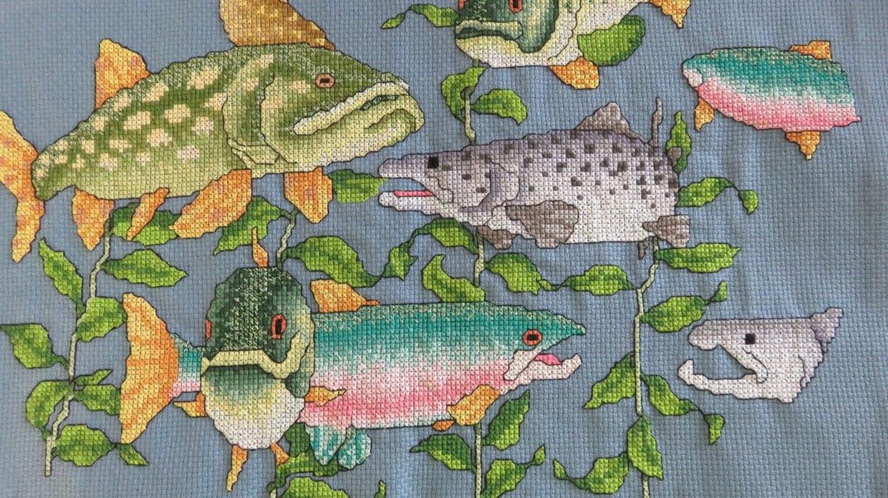 Home-made Craft Picture Counted Cross Stitch Fishing Lover Fish Ready to Framed