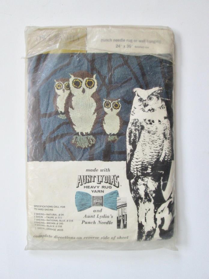 NOS Unused Vtg 70s Aunt Lydia's Punch Needle Rug Wall Hanging Owl Family 24 x 36