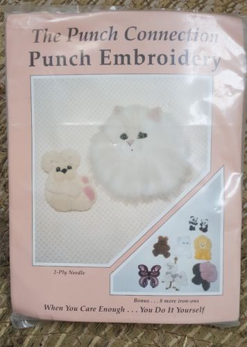 NIP Vintage 1990 Punch Embroidery Compete Kit Teddy Bear Long Haired Cat Bonus