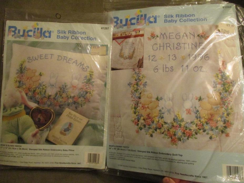 Bucilla Silk Ribbon Baby Nursery Bear & Bunny Patch Pillow & Quilt Top Set 41286