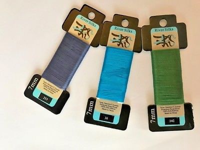 NEW RIVER SILKS RIBBON -BLUES AND GREEN 7mm Silk Ribbon,  3 Spools Total