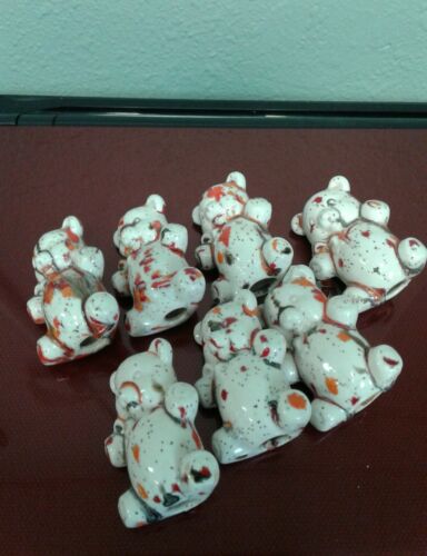Vintage Ceramic Macrame Beads,  7 teddy bears. Speckled.  See desription.