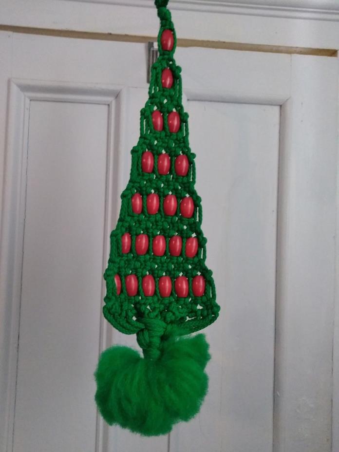 Vtg Macrame Green Christmas Tree Wall Hanging Red Bead balls Mid Century