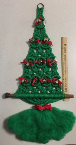 Vtg Macrame Green Christmas Tree Wall Hanging Red Bows Gold Bells Mid Century