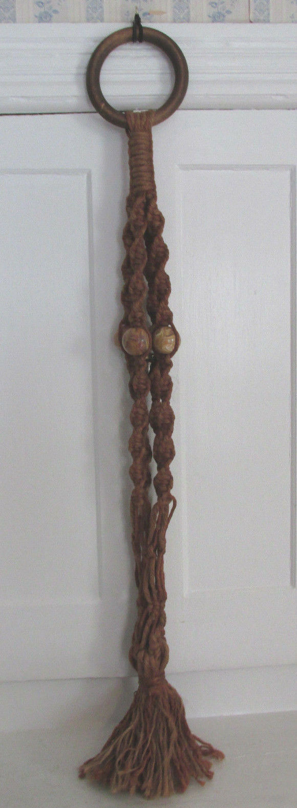 Vintage Large Jute Macrame Plant Hanger Wooden Ring Large Marble Like Beads BOHO