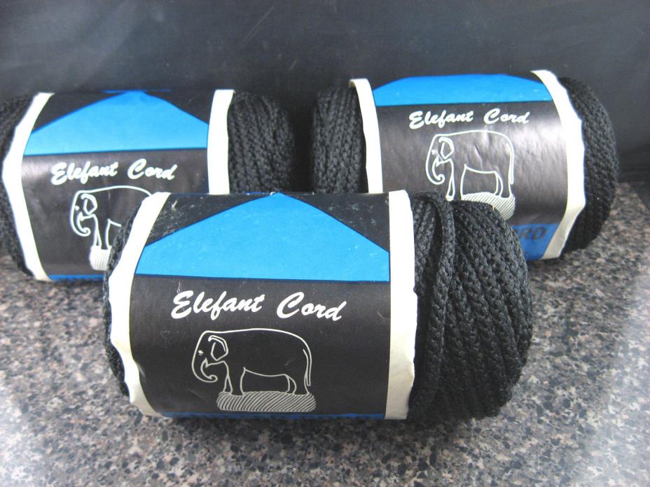 NOS 3 Rolls = 450' Elefant Craft Macrame Yarn Knitted Cord Black Herculon VTG