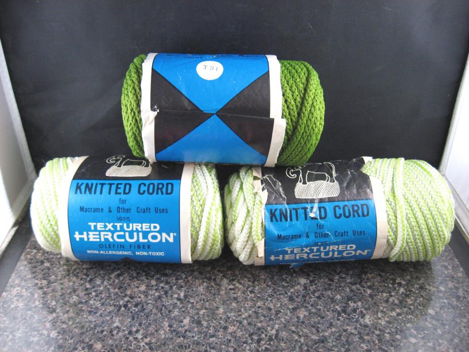 NOS 3 Rolls = 450' Elefant Craft Macrame Yarn Knitted Cord Mixed Greens Herculon